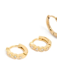 Waterproof Gold Plated Stainless Steel Bezel Diamante Huggie Earrings 2-Pack