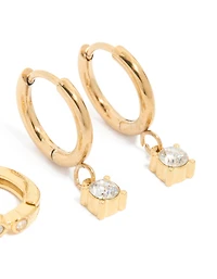 Waterproof Gold Plated Stainless Steel Bezel Diamante Huggie Earrings 2-Pack