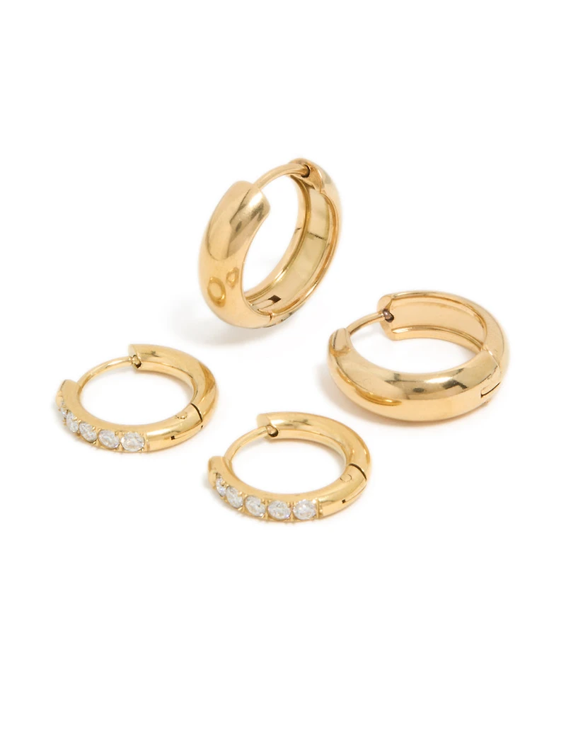 Waterproof Gold Plated Stainless Steel Cubic Zirconia Chubby Huggie Earrings 2-Pack