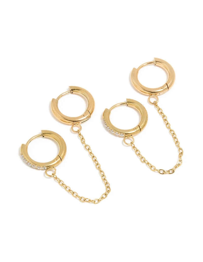 Waterproof Gold Plated Stainless Steel Cubic Zirconia Chain Link Huggie Earrings 2-Pack