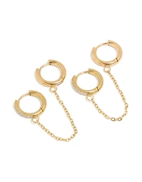 Waterproof Gold Plated Stainless Steel Cubic Zirconia Chain Link Huggie Earrings 2-Pack