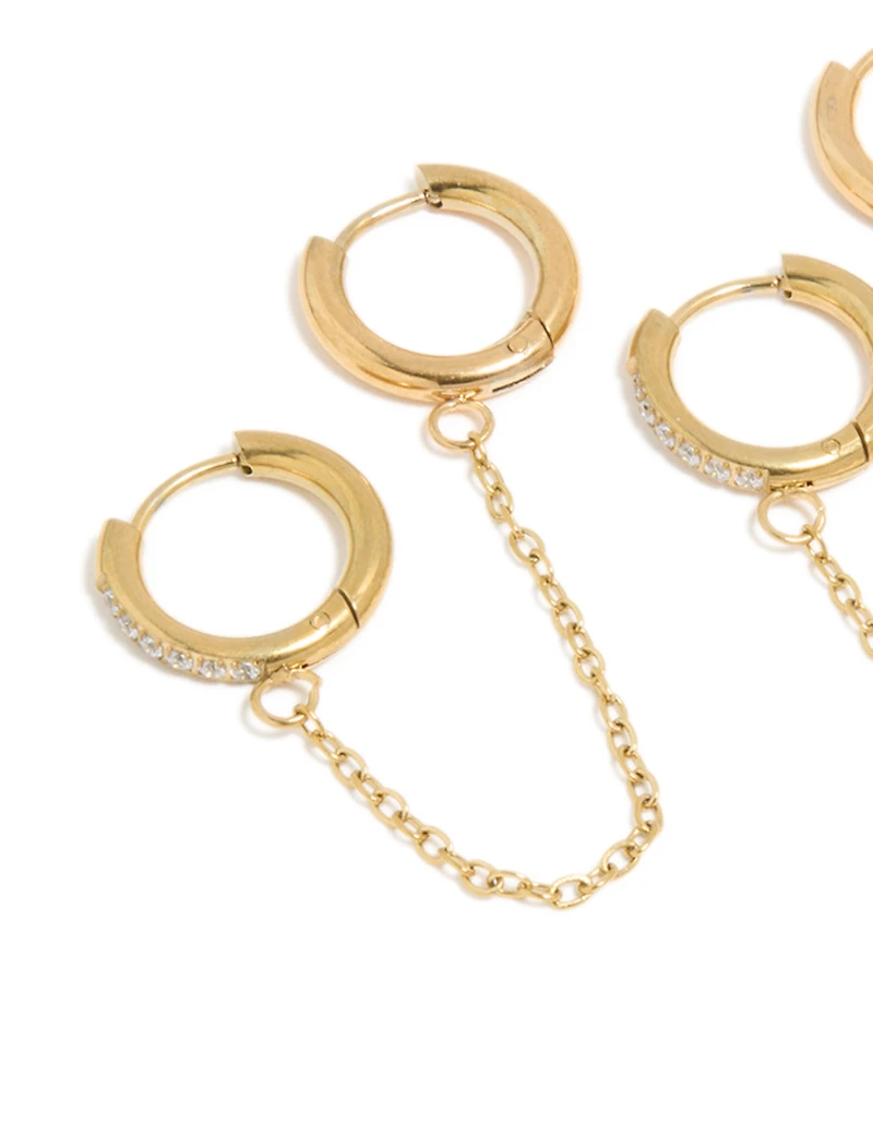 Waterproof Gold Plated Stainless Steel Cubic Zirconia Chain Link Huggie Earrings 2-Pack