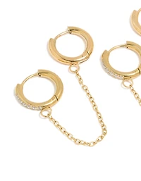 Waterproof Gold Plated Stainless Steel Cubic Zirconia Chain Link Huggie Earrings 2-Pack