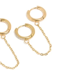 Waterproof Gold Plated Stainless Steel Cubic Zirconia Chain Link Huggie Earrings 2-Pack