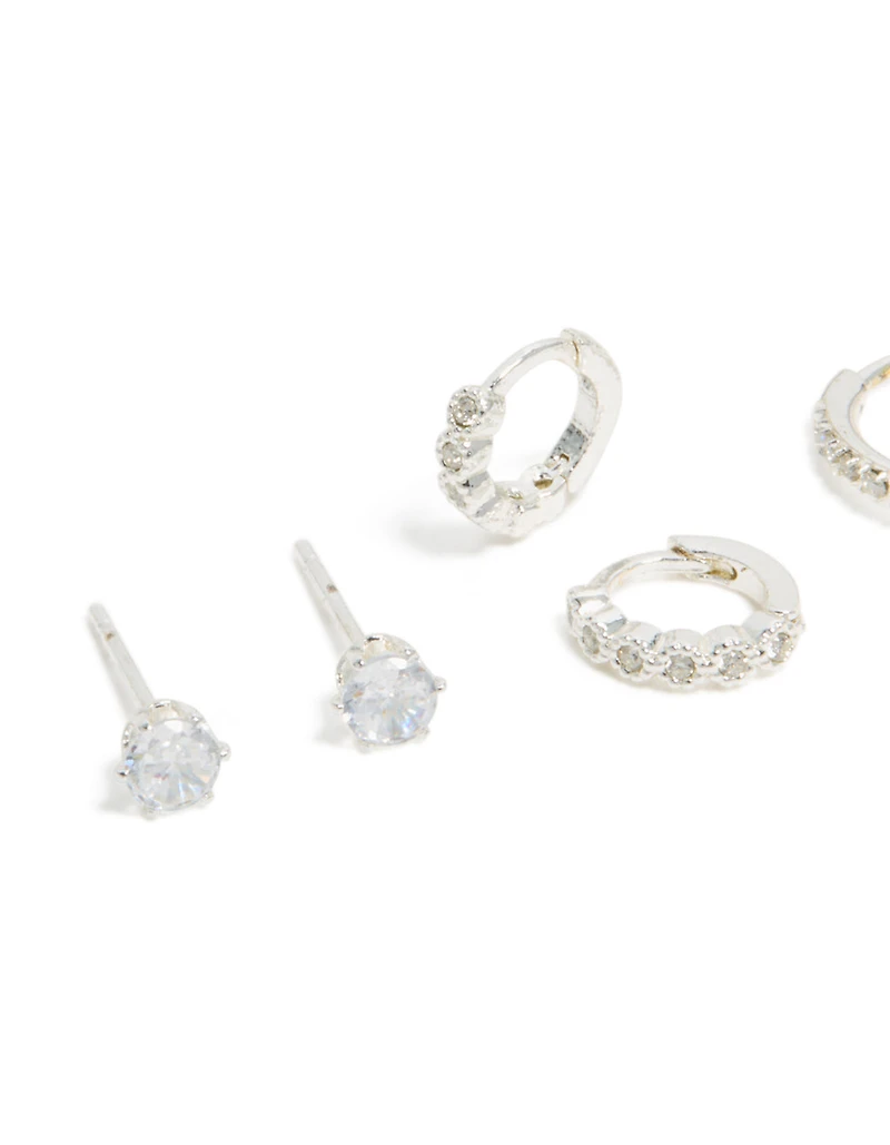 Waterproof Stainless Steel Cubic Zirconia Stud & Huggie Earrings 3-Pack
