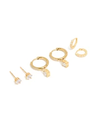 Waterproof Gold Plated Stainless Steel Cubic Zirconia Stud & Huggie  Earrings 3-Pack