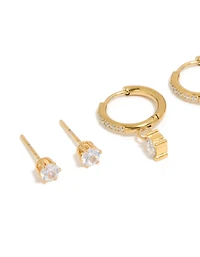 Waterproof Gold Plated Stainless Steel Cubic Zirconia Stud & Huggie  Earrings 3-Pack