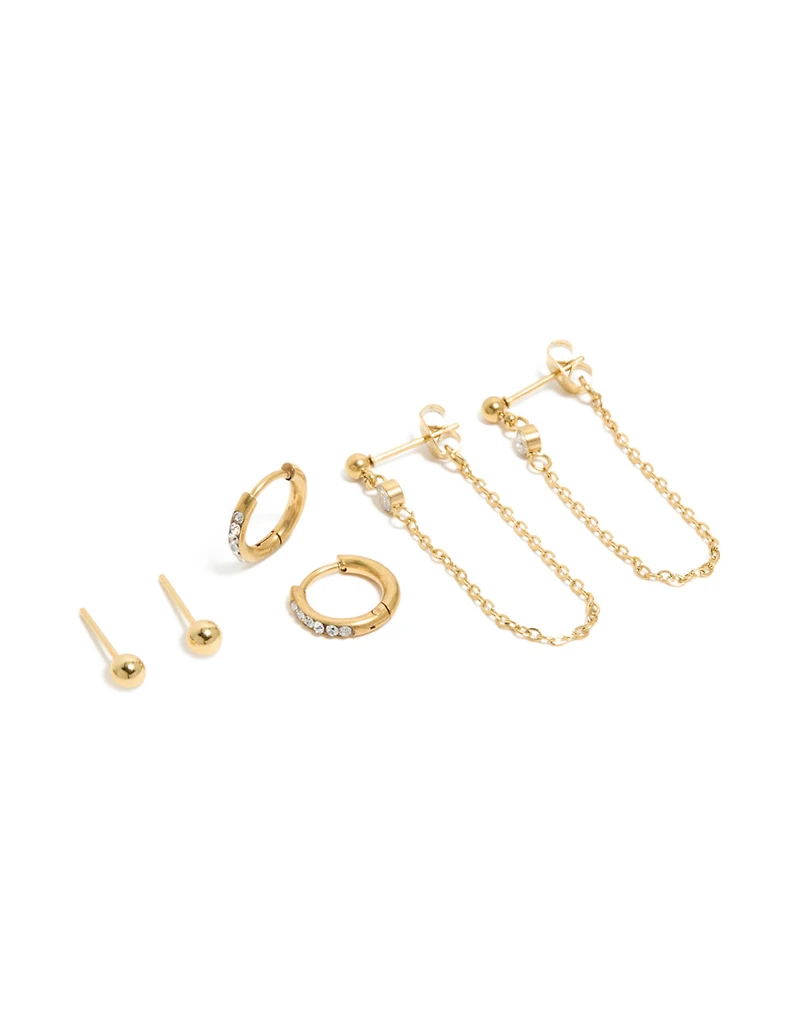 Boucles d’oreilles étanches en lunette en acier inoxydable plaquées or en paquet de 3