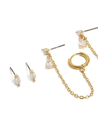 Waterproof Gold Plated Stainless Steel Mixed Cubic Zirconia Stud Earrings 2-Pack