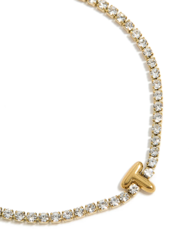 Waterproof Gold Plated Stainless Steel Cubic Zirconia Letter T Tennis Bracelet