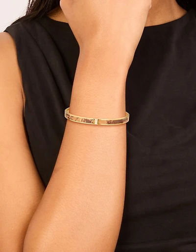 Waterproof Gold Plated Stainless Steel Brown Pearlised Inlay Hinged Bangle