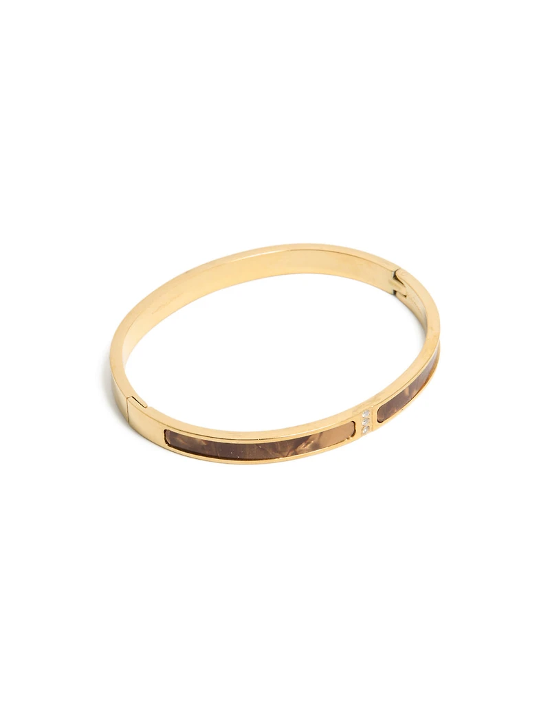 Waterproof Gold Plated Stainless Steel Brown Pearlised Inlay Hinged Bangle