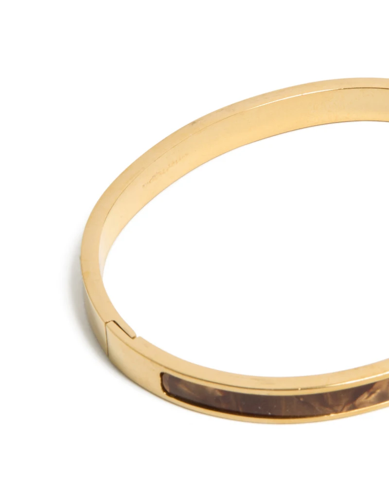 Waterproof Gold Plated Stainless Steel Brown Pearlised Inlay Hinged Bangle