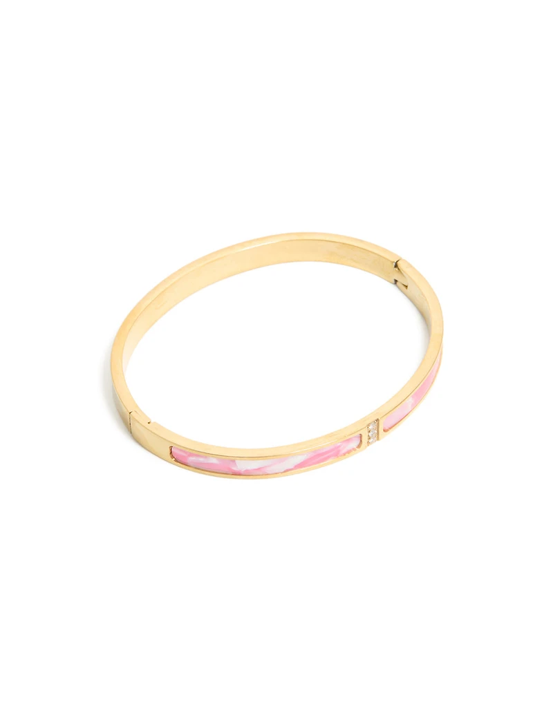 Waterproof Gold Plated Stainless Steel Pink Pearlised Inlay Hinged Bangle