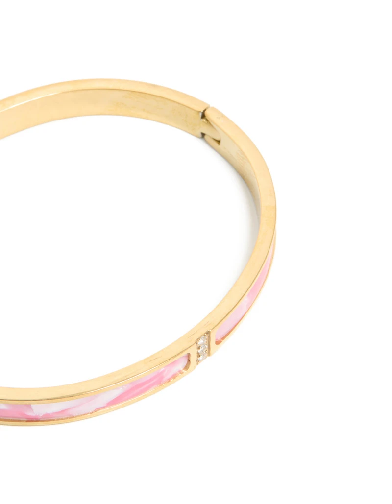 Waterproof Gold Plated Stainless Steel Pink Pearlised Inlay Hinged Bangle