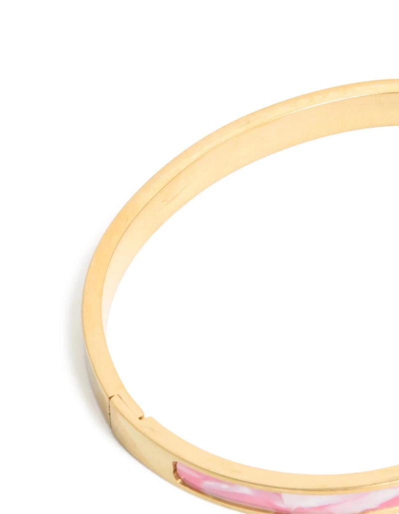 Waterproof Gold Plated Stainless Steel Pink Pearlised Inlay Hinged Bangle