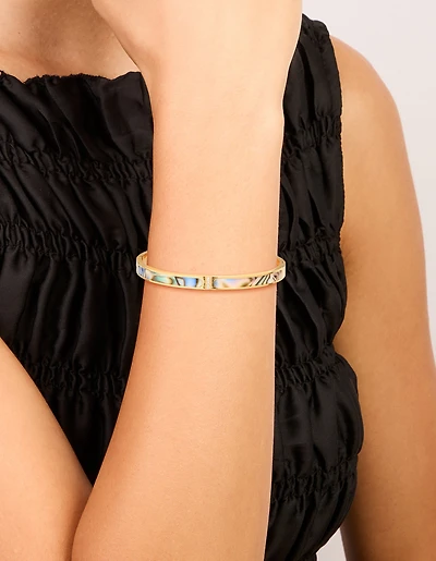 Waterproof Gold Plated Stainless Steel Blue & Green Pearlised Inlay Hinged Bangle