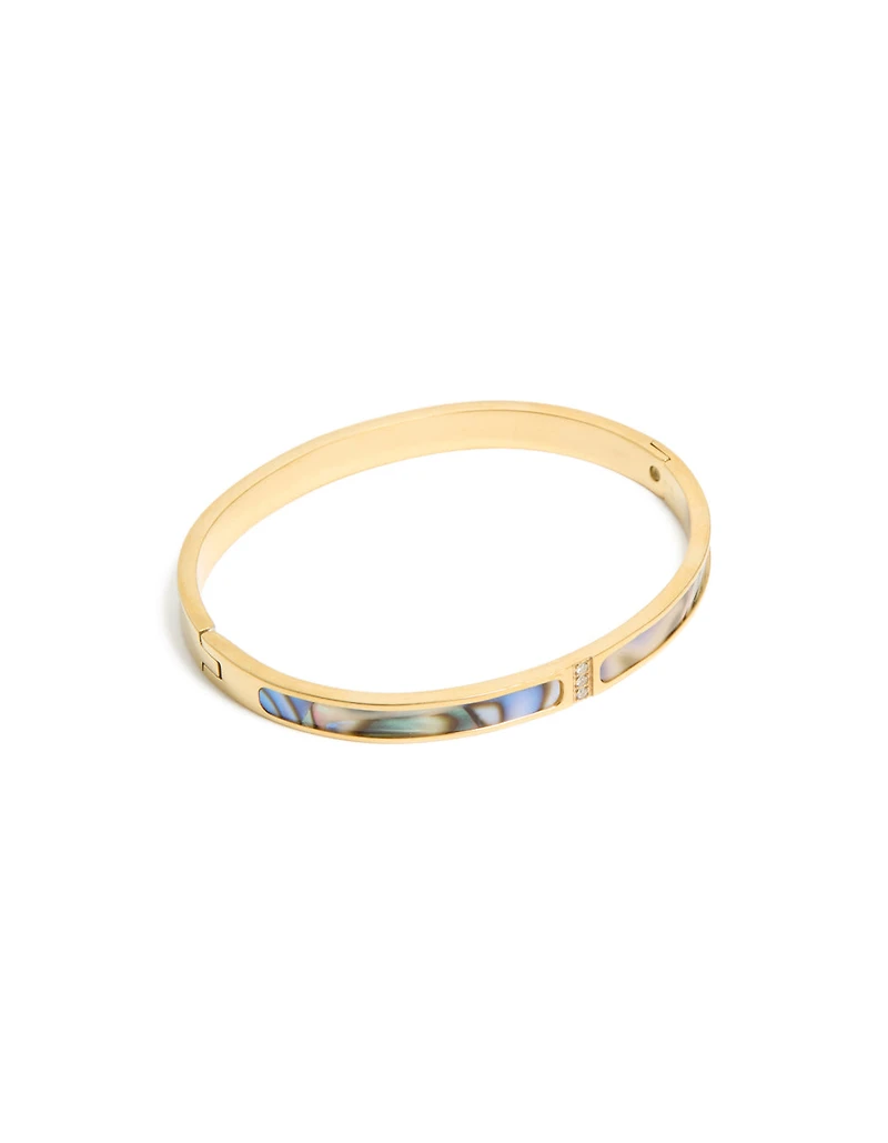 Waterproof Gold Plated Stainless Steel Blue & Green Pearlised Inlay Hinged Bangle