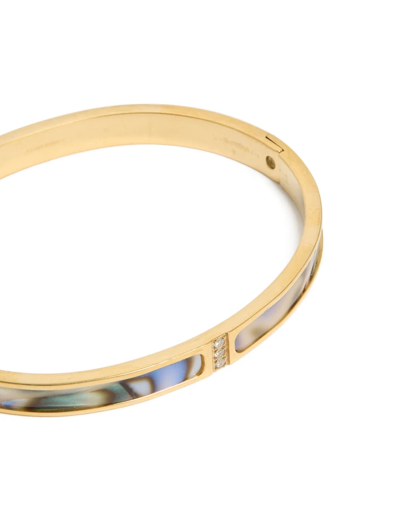 Waterproof Gold Plated Stainless Steel Blue & Green Pearlised Inlay Hinged Bangle
