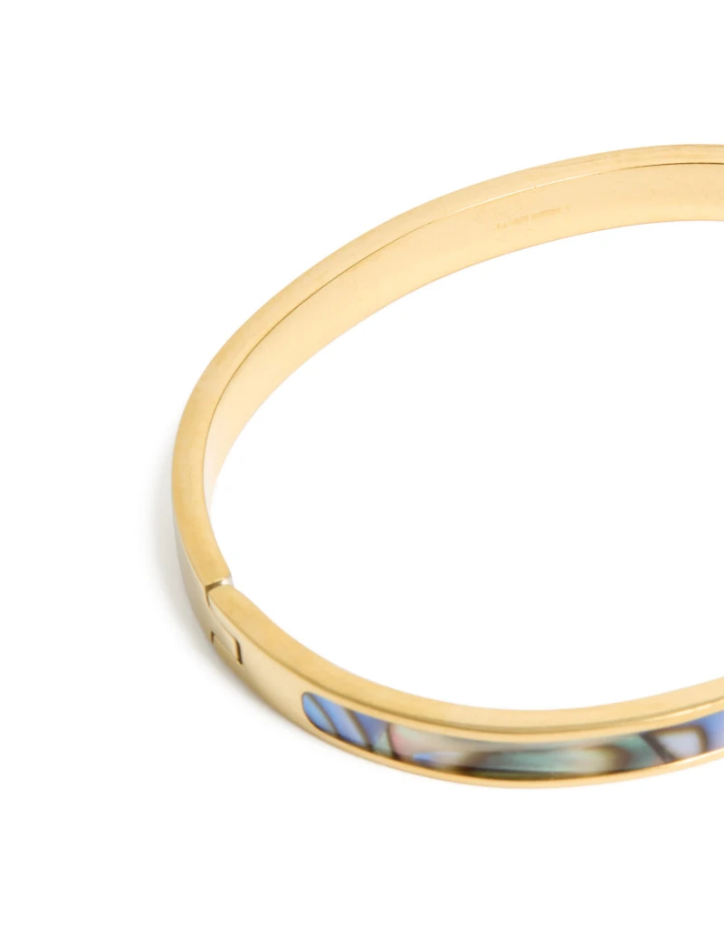 Waterproof Gold Plated Stainless Steel Blue & Green Pearlised Inlay Hinged Bangle