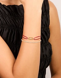 Waterproof Stainless Steel Cubic Zirconia Tennis & Red Cord Bracelet Set