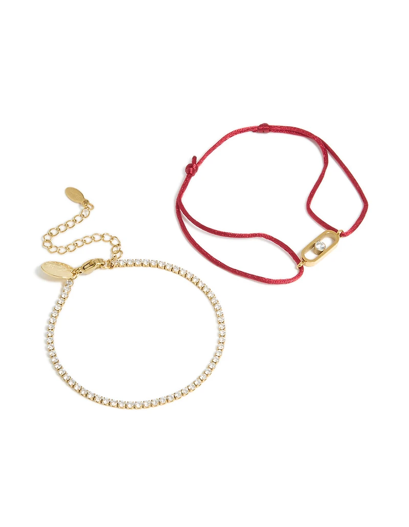 Waterproof Stainless Steel Cubic Zirconia Tennis & Red Cord Bracelet Set