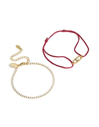 Waterproof Stainless Steel Cubic Zirconia Tennis & Red Cord Bracelet Set