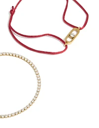 Waterproof Stainless Steel Cubic Zirconia Tennis & Red Cord Bracelet Set