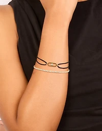 Waterproof Gold Plated Stainless Steel Cubic Zirconia & Black Cord Tennis Bracelet Set