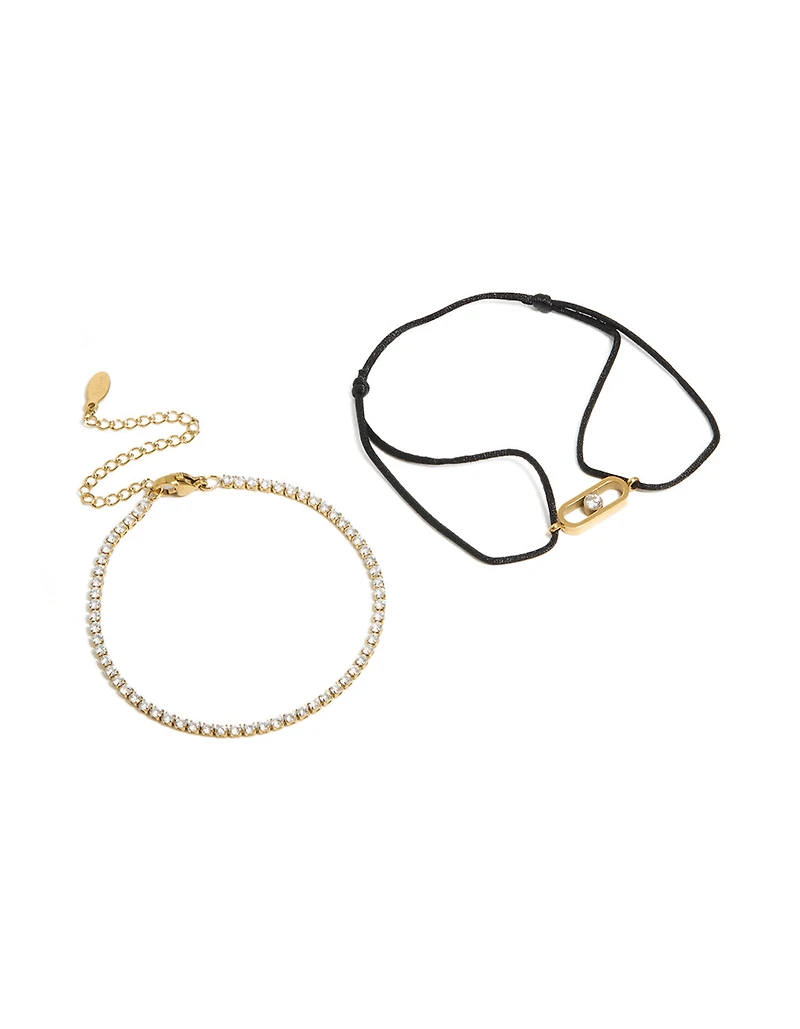 Waterproof Gold Plated Stainless Steel Cubic Zirconia & Black Cord Tennis Bracelet Set