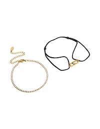 Waterproof Gold Plated Stainless Steel Cubic Zirconia & Black Cord Tennis Bracelet Set