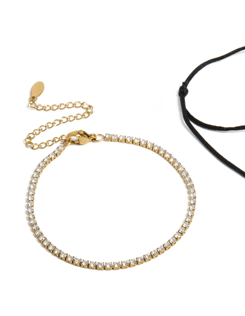 Waterproof Gold Plated Stainless Steel Cubic Zirconia & Black Cord Tennis Bracelet Set