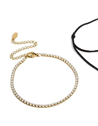 Waterproof Gold Plated Stainless Steel Cubic Zirconia & Black Cord Tennis Bracelet Set