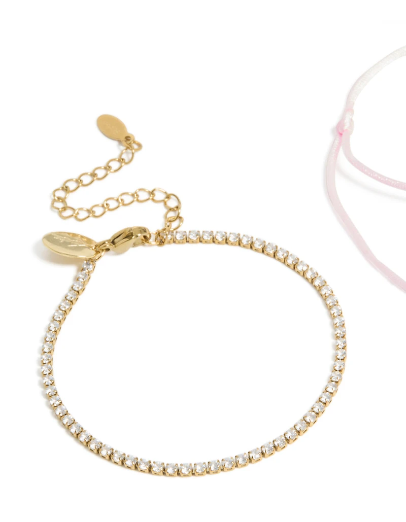Waterproof Gold Plated Stainless Steel Cubic Zirconia & Pink Cord Tennis Bracelet Set