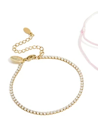 Waterproof Gold Plated Stainless Steel Cubic Zirconia & Pink Cord Tennis Bracelet Set