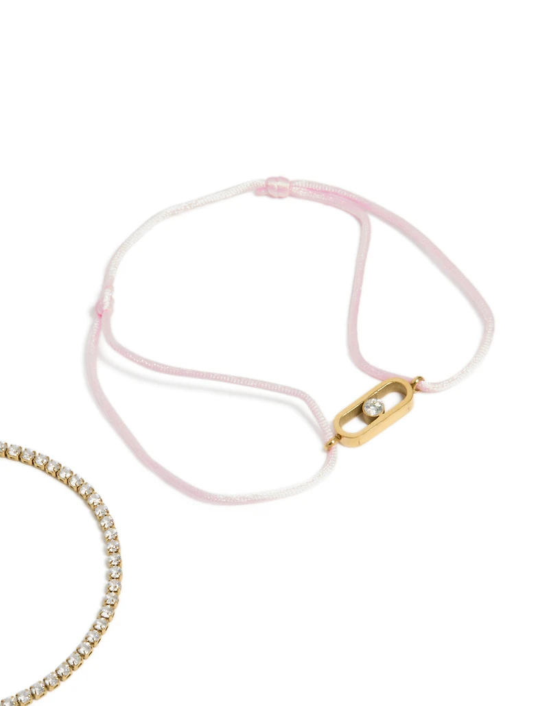 Waterproof Gold Plated Stainless Steel Cubic Zirconia & Pink Cord Tennis Bracelet Set