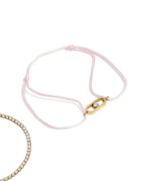 Waterproof Gold Plated Stainless Steel Cubic Zirconia & Pink Cord Tennis Bracelet Set