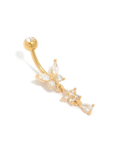 Gold Plated Titanium Cubic Zirconia Butterfly & Flower Belly Bar
