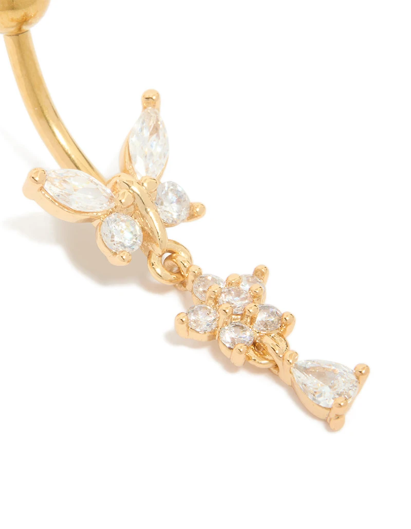 Gold Plated Titanium Cubic Zirconia Butterfly & Flower Belly Bar