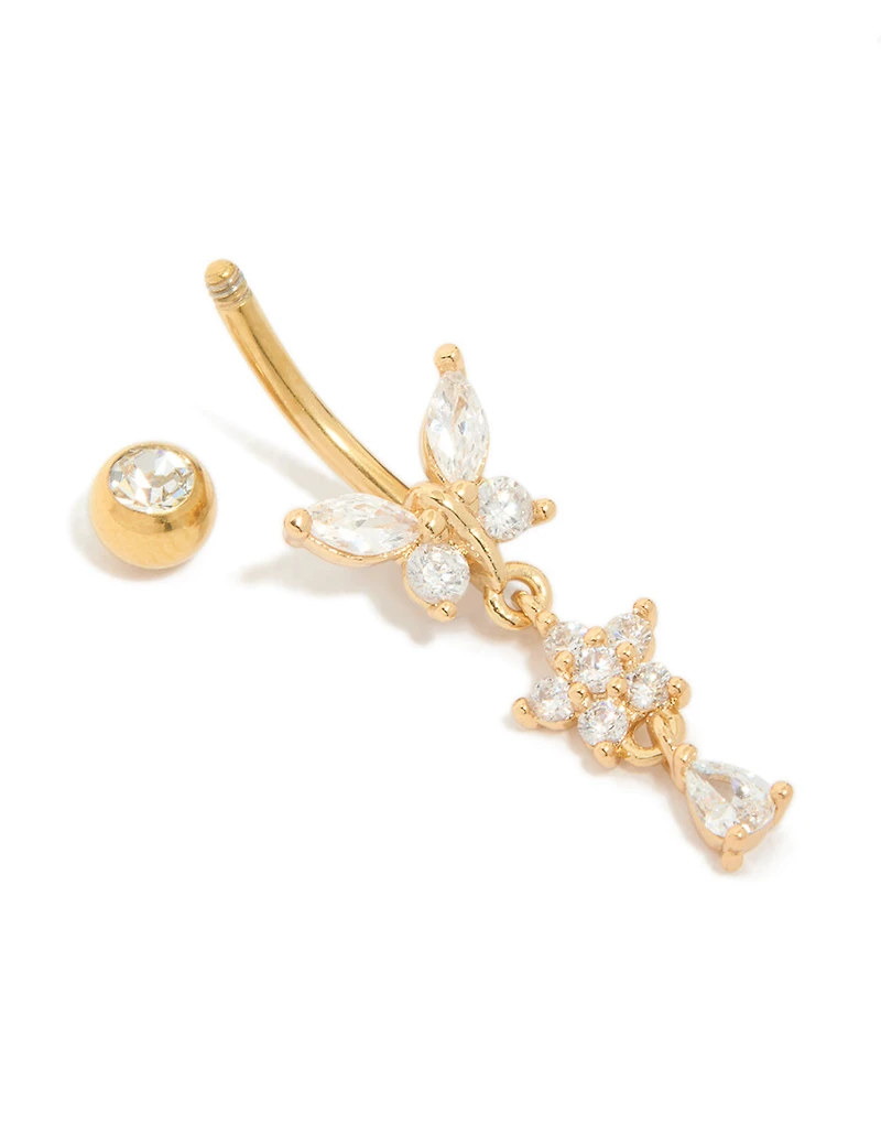 Gold Plated Titanium Cubic Zirconia Butterfly & Flower Belly Bar