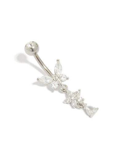 Titanium Cubic Zirconia Butterfly & Flower Belly Bar
