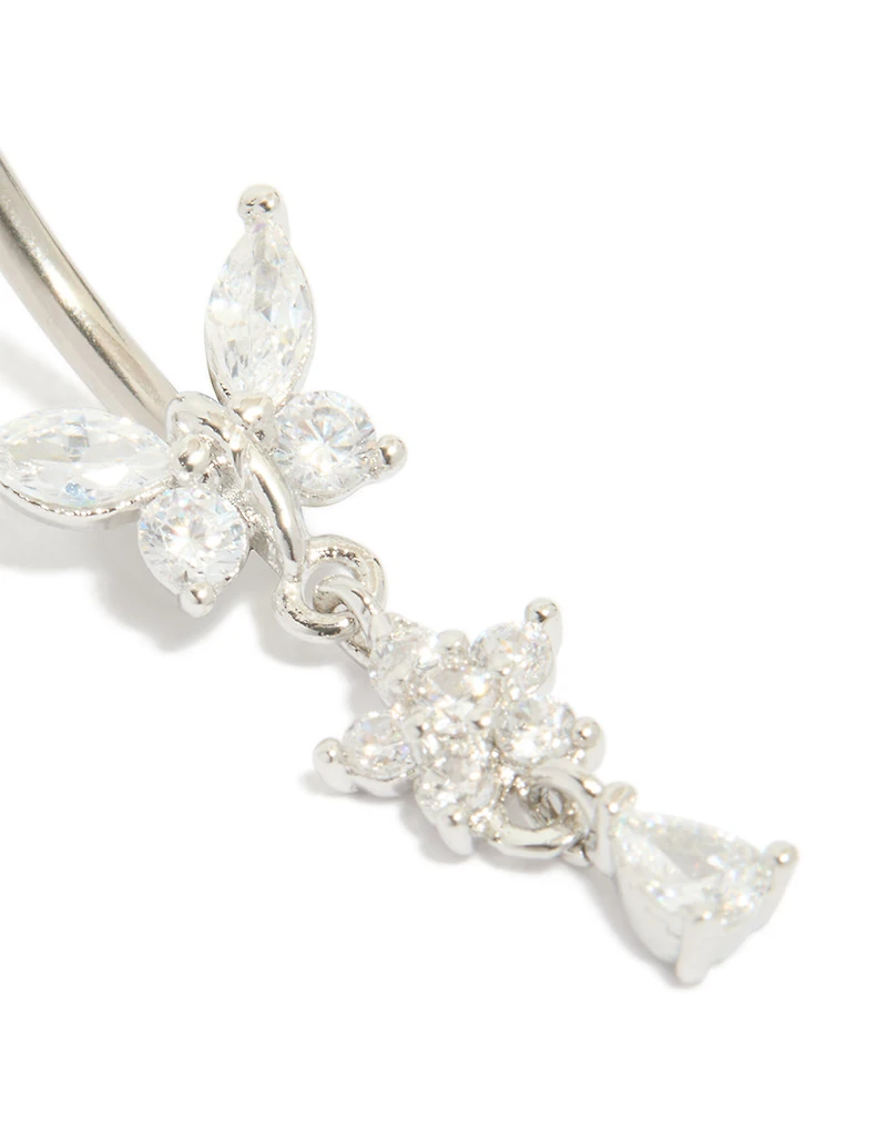 Titanium Cubic Zirconia  Butterfly & Flower Belly Bar