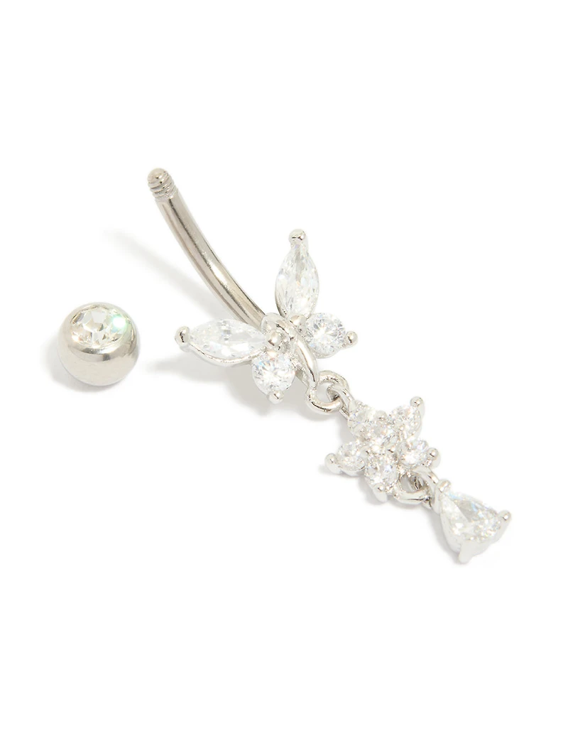Titanium Cubic Zirconia Butterfly & Flower Belly Bar
