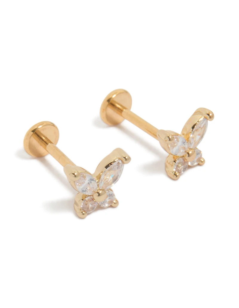 Gold Plated Titanium Cubic Zirconia Butterfly Flat Back Studs