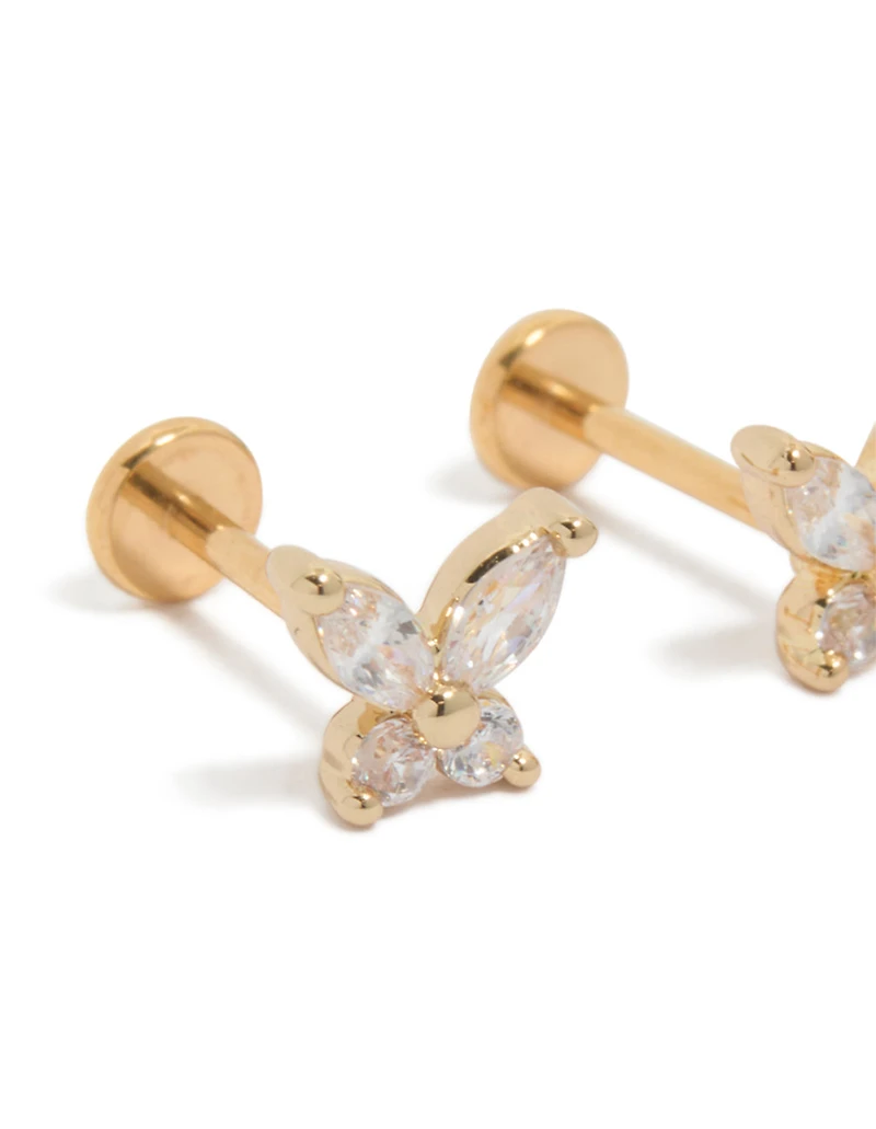 Gold Plated Titanium Cubic Zirconia Butterfly Flat Back Studs