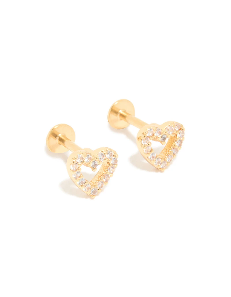 Gold Plated Titanium Cubic Zirconia Open Heart Flat Back Studs