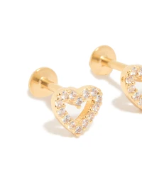 Gold Plated Titanium Cubic Zirconia Open Heart Flat Back Studs
