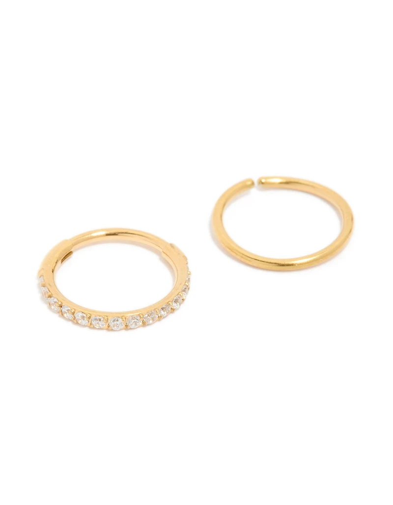 Gold Plated Surgical Steel Cubic Zirconia Hinged & Plain Nose Rings 2-Pack