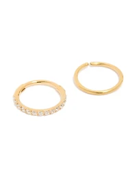 Gold Plated Surgical Steel Cubic Zirconia Hinged  & Plain Nose Rings 2-Pack