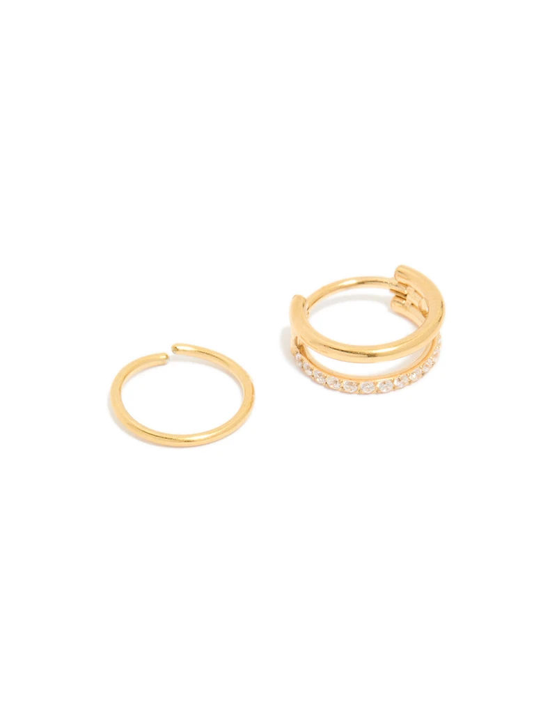 Gold Plated Surgical Steel Cubic Zirconia & Simple  Nose Rings 2-Pack